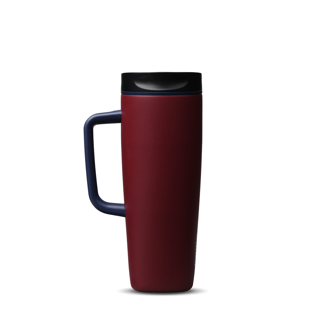 Owala SmoothSip Slider with Handle 24oz in Burgundy Bay, deep crimson insulated stainless steel body with black lid, purple slider button, and dark navy handle on left side