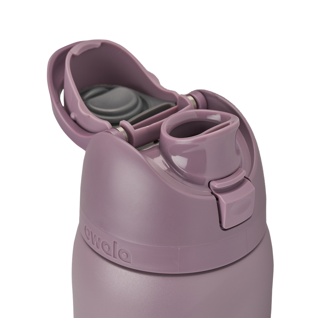 Owala FreeSip 32oz in Spring Revival, lid open detail showing dusty mauve flip cap open exposing the FreeSip spout with dark gray interior