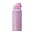 Rotating view of Wicked Glinda edition FreeSip bottle; shimmery iridescent lavender-pink body with geometric diamond-pattern texture, pink flip cap, and lavender carry loop