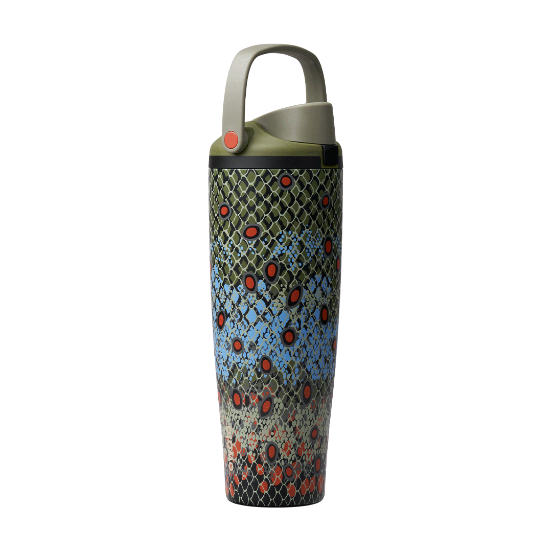 Owala FreeSip Sway 40oz in Off the Hook, lid detail showing olive flip cap, olive carry loop, and orange push-button over fish-scale patterned body