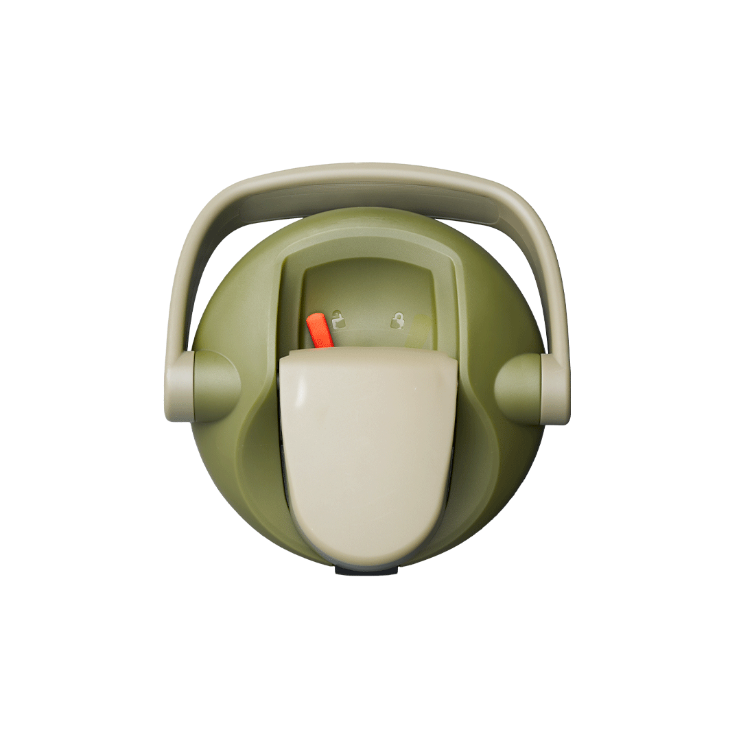 Top-down rotating view of Owala FreeSip Sway lid with olive green body, olive carry loop, cream flip cap, and orange push-button