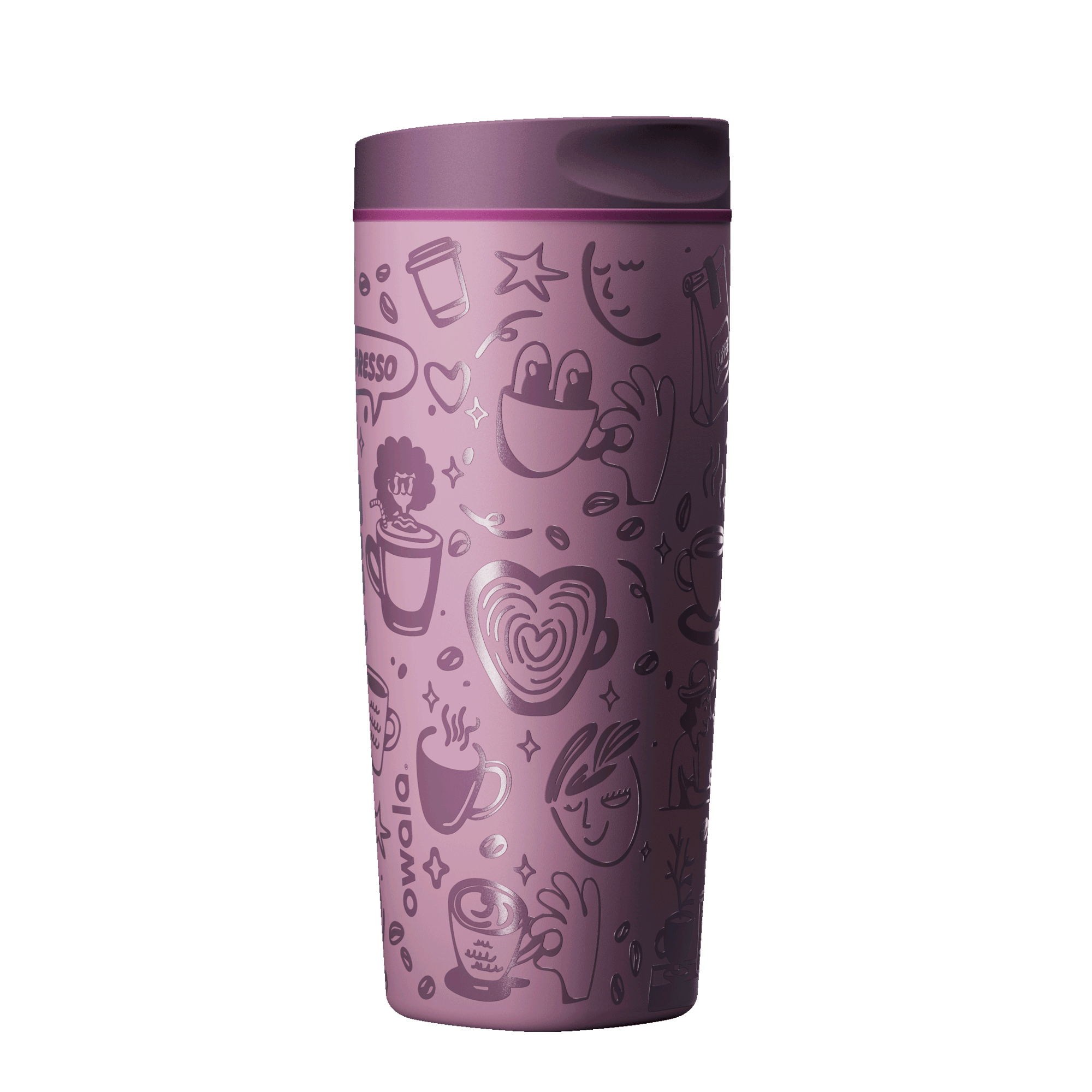 Owala SmoothSip Slider 20oz top-down view, dark purple lid with mauve slider button slid open revealing the sip hole